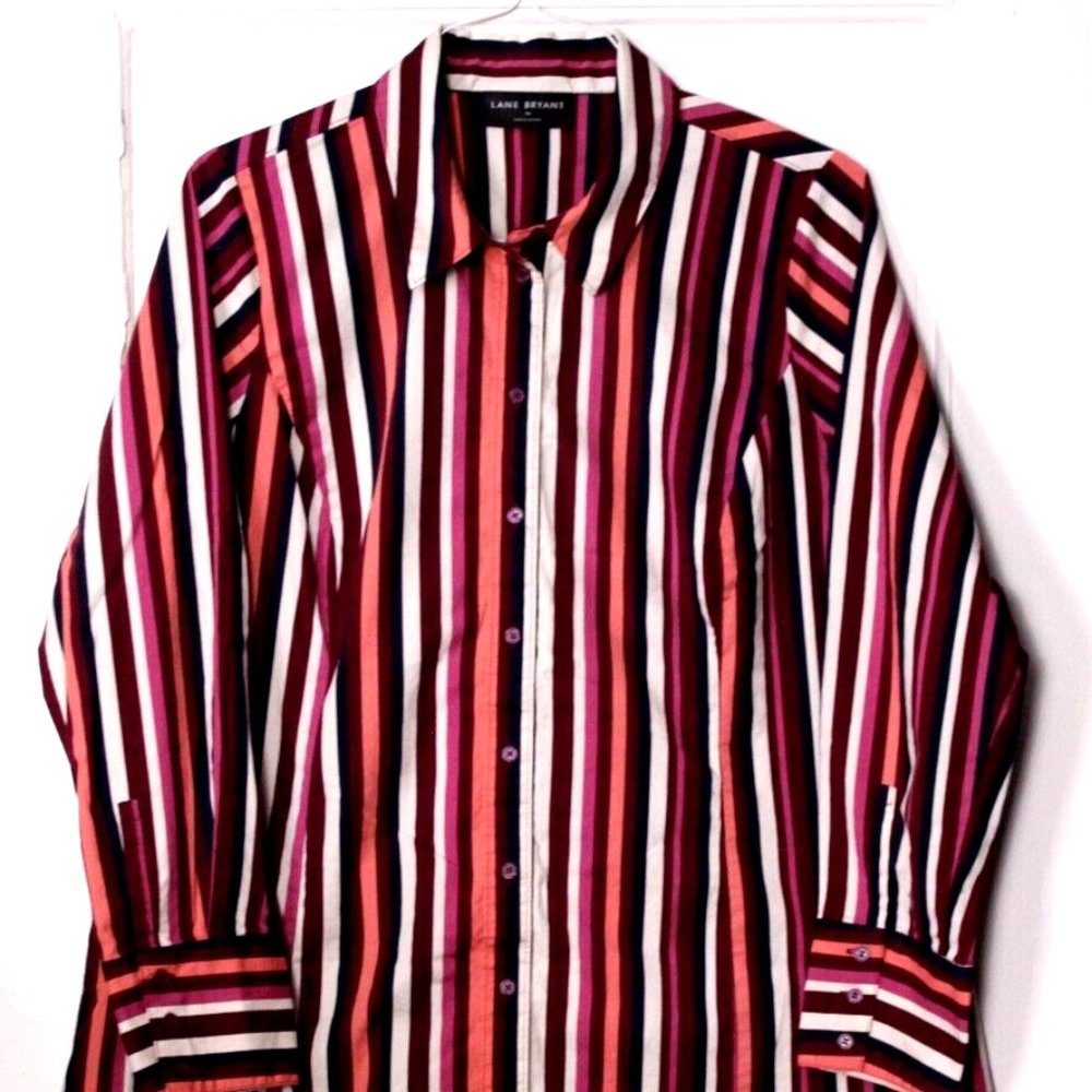 LANE BRYANT BLOUSE ladies size 16 maroon magenta navy blue white stripe stretch